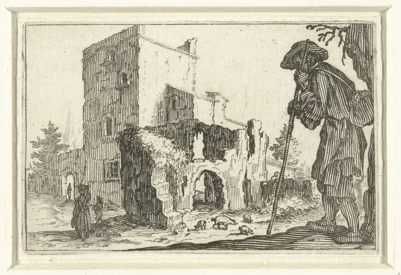 Man met tas en wandelstok bij ruïne Wall Art by Jacques Callot - High-Resolution Digital Print