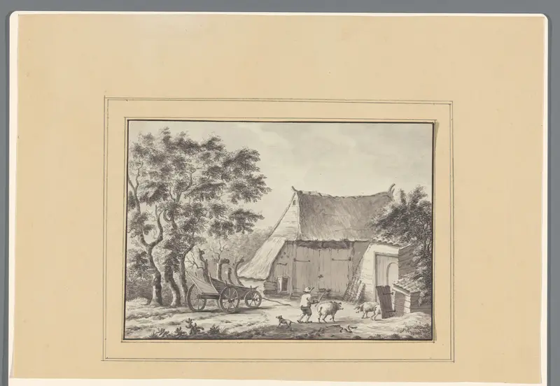 Man met varkens naast kar voor boerderij Wall Art by anonymous - High-Resolution Digital Print