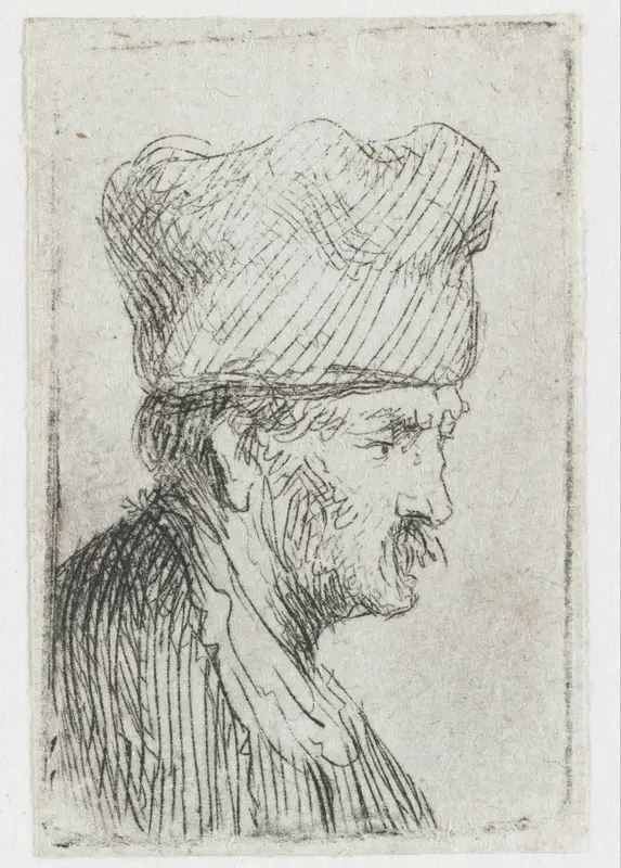 Man met vierkante muts, in profiel naar rechts Wall Art by Rembrandt van Rijn - High-Resolution Digital Print