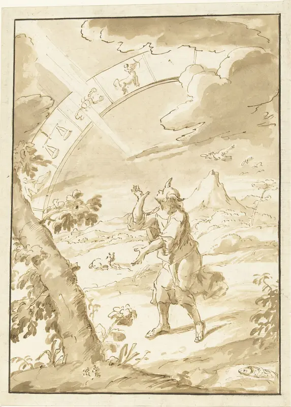 Man met wolfsoren ziet op naar dierenriem Wall Art by Unknown - High-Resolution Digital Print
