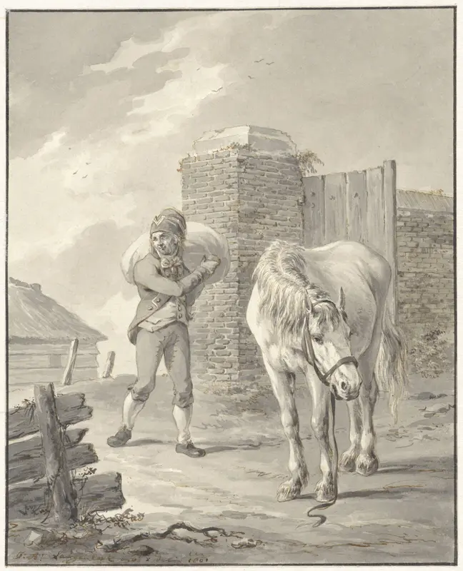 Man met zak op schouder bij ongezadeld paard Wall Art by Jan Anthonie Langendijk Dzn - High-Resolution Digital Print