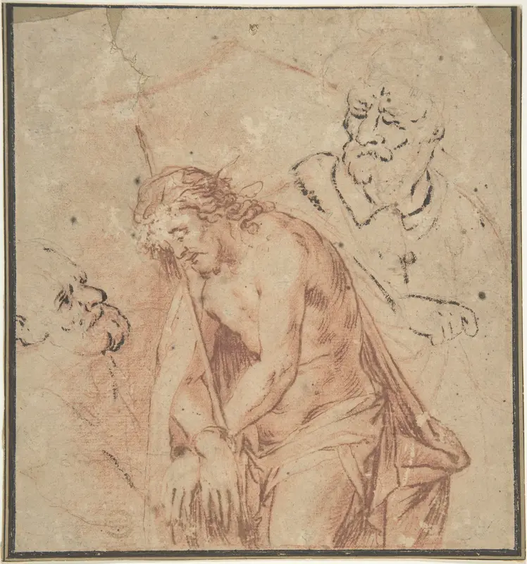 Man of Sorrows and Two Studies of Heads Wall Art by Anonymous, Flemish, 17th century - High-Resolution Digital Print