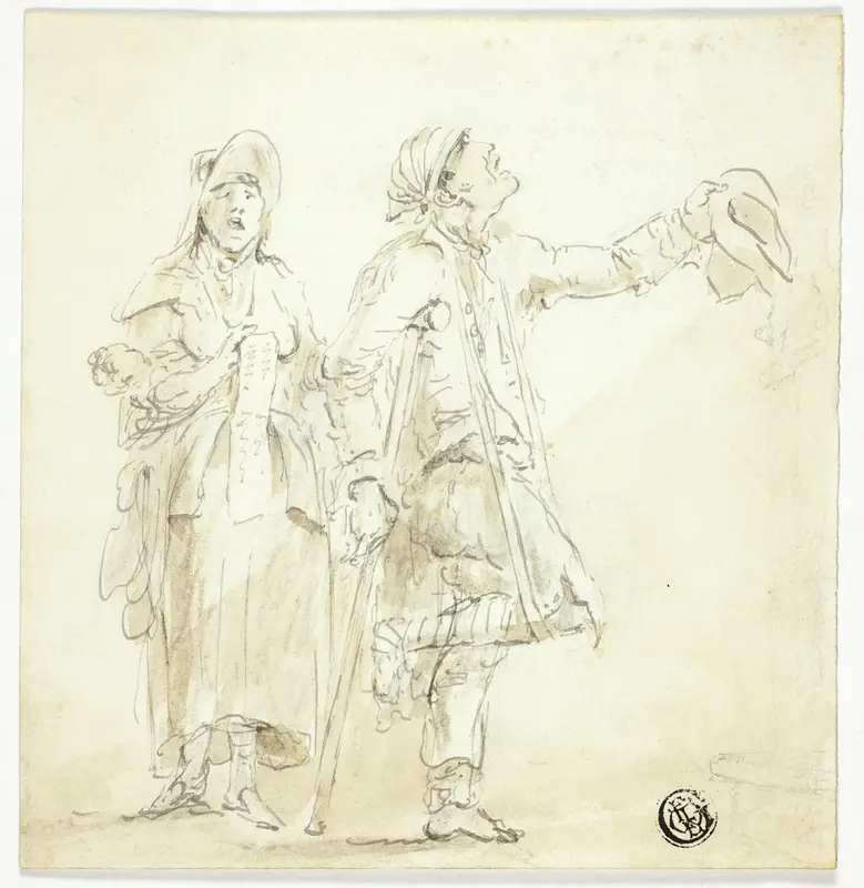 Man on Crutches Begging, with Woman Singing and Holding Baby Wall Art by Unknown artist - High-Resolution Digital Print
