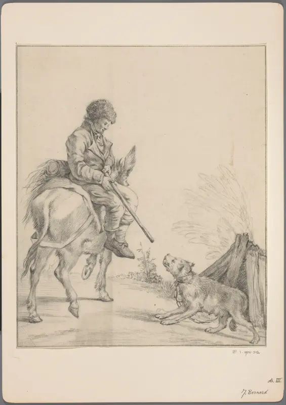 Man op een ezel rijdt langs een blaffende hond Wall Art by Jean Bernard - High-Resolution Digital Print