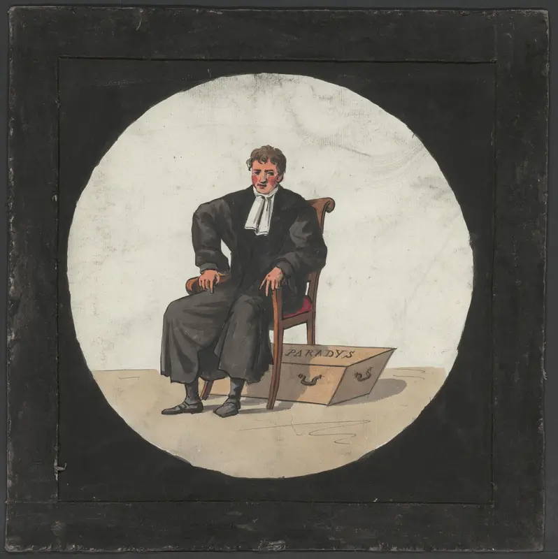 Man op stoel waaronder kist met opschrift 'Paradys' Wall Art by Unknown - High-Resolution Digital Print