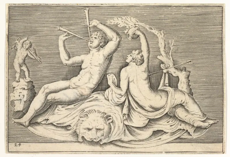 Man Playing Two Flutes and Woman on Lionskin, from "Ex Antiquis Cameorum et Gemmae Delineata/ Liber Secundus/et ab Enea Vico Parmen Incis" Wall Art by Anonymous, Italian, 16th century - High-Resolution Digital Print