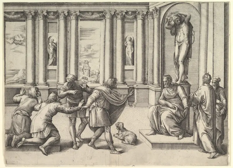 Man Seated Beneath a Statue of Bacchus, Receiving an Audience Wall Art by Battista Franco - High-Resolution Digital Print