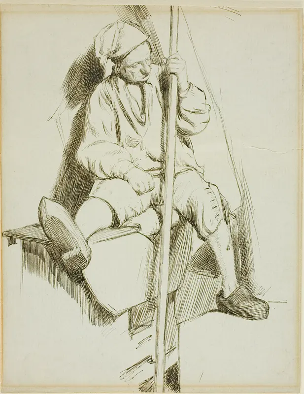 Man Seated, Holding Staff in Left Hand Wall Art by Charles Samuel Keene - High-Resolution Digital Print