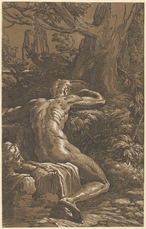 Man seated viewed from behind (Narcissus) Wall Art by Antonio da Trento - High-Resolution Digital Print