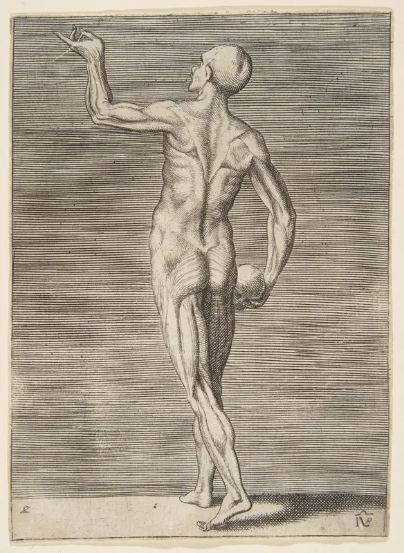 Man seen from behind, holding a skull in his right hand Wall Art by Giulio Bonasone - High-Resolution Digital Print
