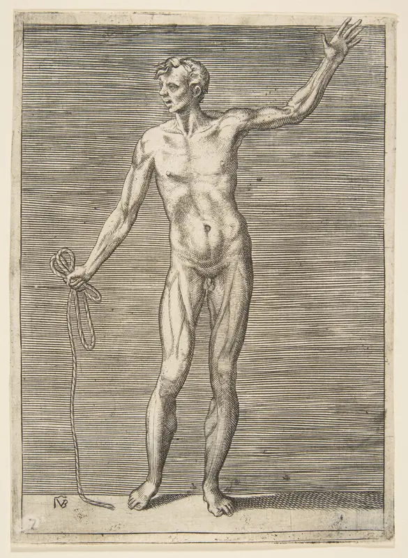 Man seen from the front, holding a rope in his right hand Wall Art by Giulio Bonasone - High-Resolution Digital Print