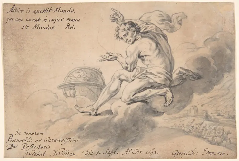 Man Sitting on a Cloud Above a Battlefield, Pointing to a Globe Wall Art by Georg Christoph Eimmart the Younger - High-Resolution Digital Print