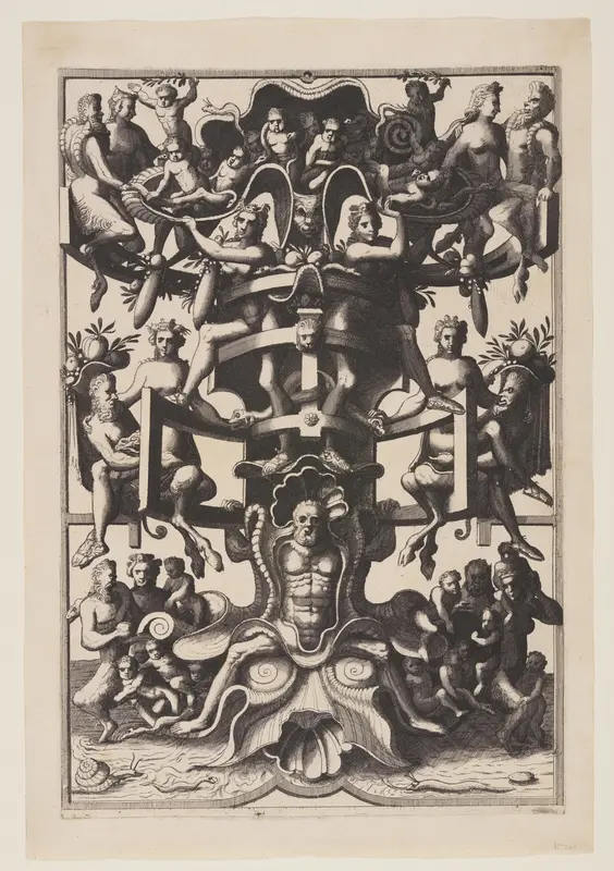 Man Sitting on an Auricular Mask, from Veelderleij niewe inventien van antijcksche sepultueren Wall Art by Johannes van Doetecum - High-Resolution Digital Print