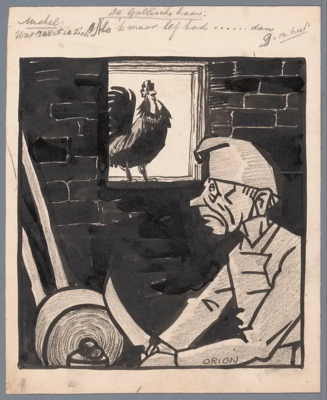 Man slijpt mes terwijl de Franse haan kraait Wall Art by Unknown - High-Resolution Digital Print