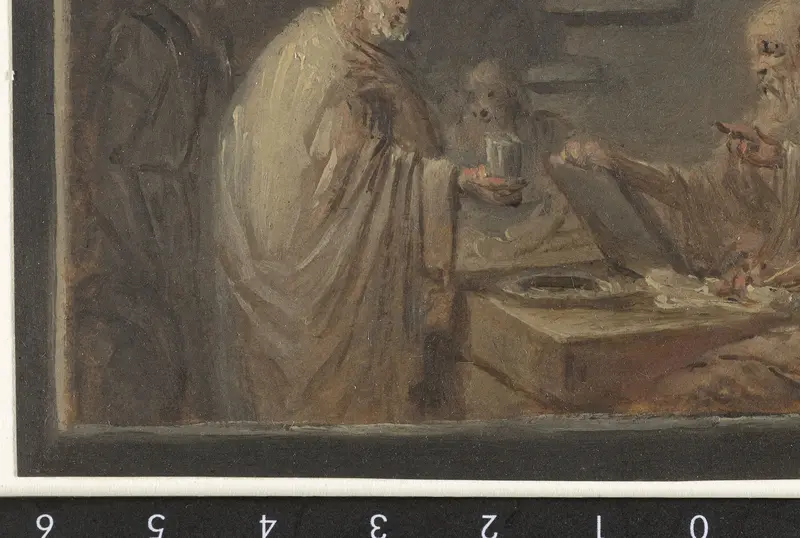 Man staande voor een tafel, waarachter twee mannen zitten Wall Art by anonymous - High-Resolution Digital Print