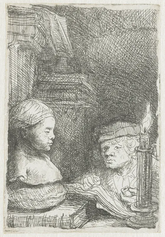 Man tekenend naar een gipsmodel Wall Art by Rembrandt van Rijn - High-Resolution Digital Print