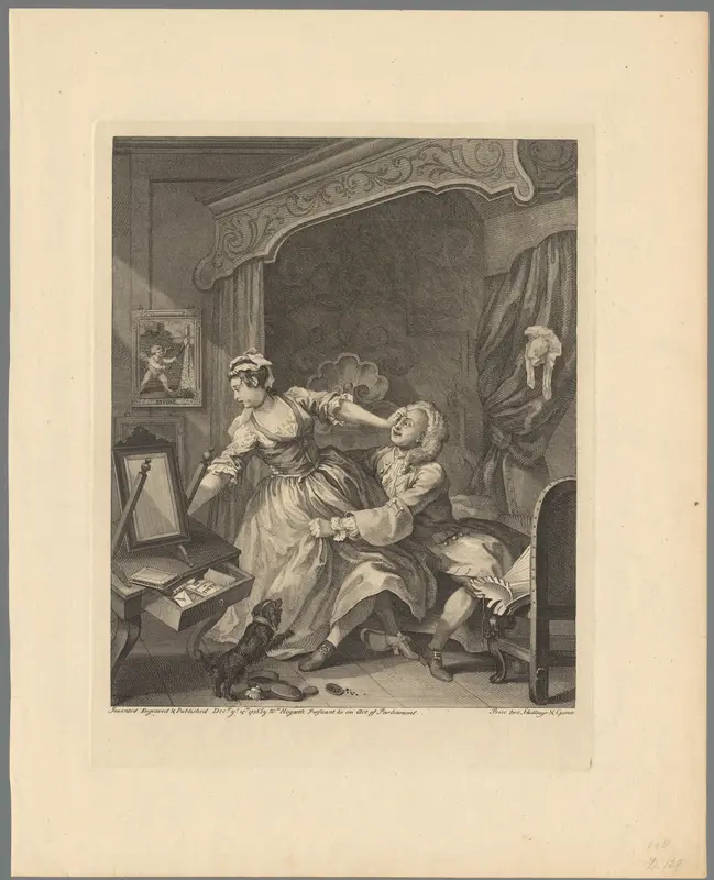 Man trekt een tegenstribbelende vrouw naar zich toe in een slaapkamer Wall Art by Unknown - High-Resolution Digital Print