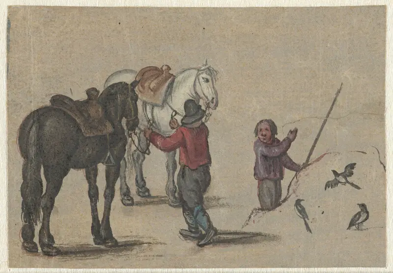 Man twee paarden vasthoudend en een man bij vogels Wall Art by Unknown - High-Resolution Digital Print