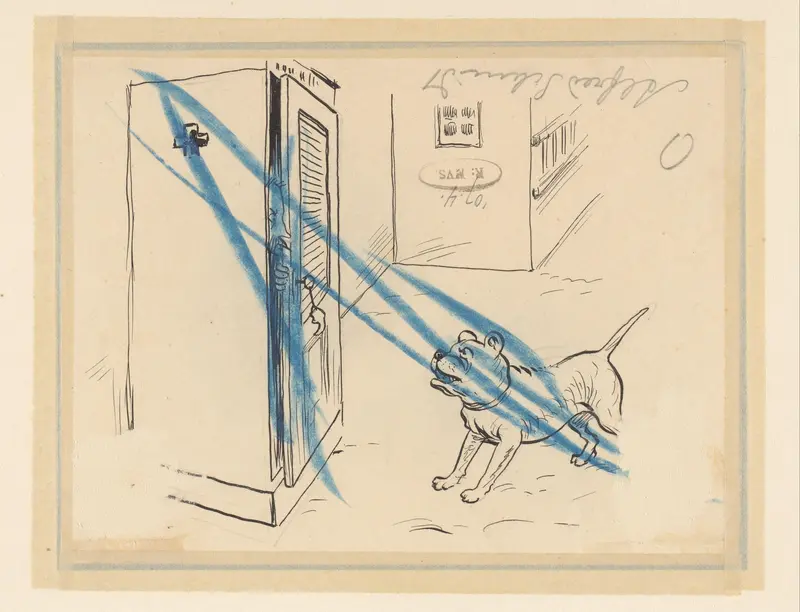 Man verstopt zich voor een hond in een kast Wall Art by Alfred Michael Roedstad Schmidt - High-Resolution Digital Print