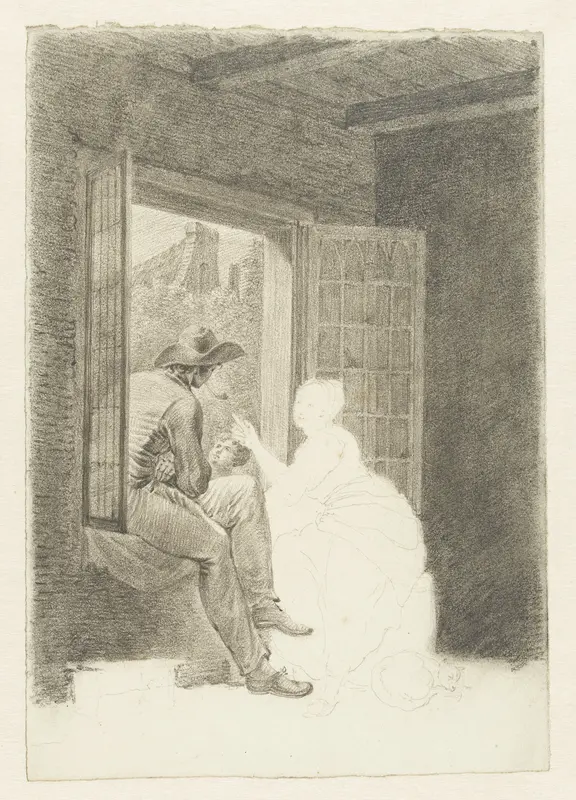 Man, vrouw en kind in gesprek bij een open raam Wall Art by Pieter Bartholomeusz. Barbiers - High-Resolution Digital Print