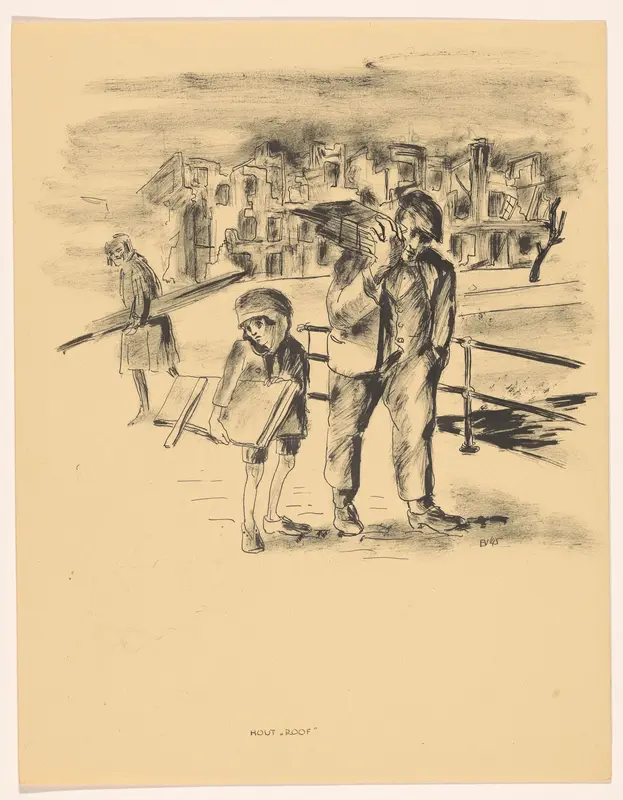 Man, vrouw en kind lopen met planken over straat Wall Art by Unknown - High-Resolution Digital Print