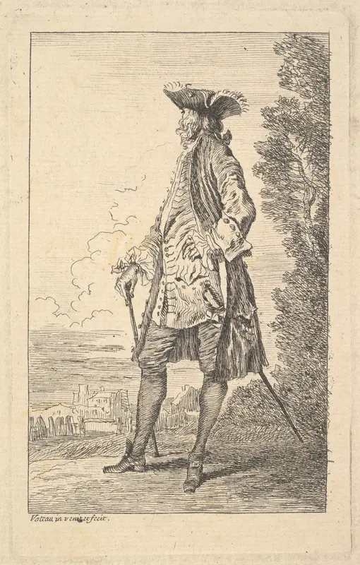 Man walking and carrying a cane in his right hand, shown in three-quarters view with his head turned away from the viewer, from "Figures of Fashion" (Figures de Modes) Wall Art by Antoine Watteau - High-Resolution Digital Print