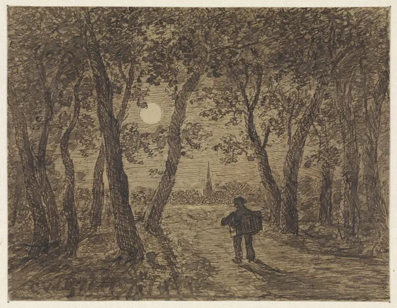 Man wandelend uit een bos bij maanlicht Wall Art by Cornelis van der Griendt - High-Resolution Digital Print