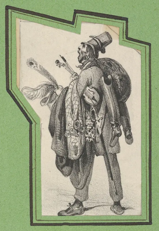 Man wearing two hats and holding boots, jackets and a violin Wall Art by Victor Adam - High-Resolution Digital Print