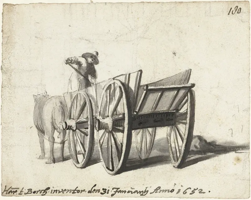 Man werkend op een kar met paarden ervoor (mest scheppend?) Wall Art by Unknown - High-Resolution Digital Print