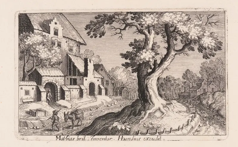 Man with a Donkey walking by a Village, from Topographia Variarum Regionum Wall Art by Simon Frisius - High-Resolution Digital Print