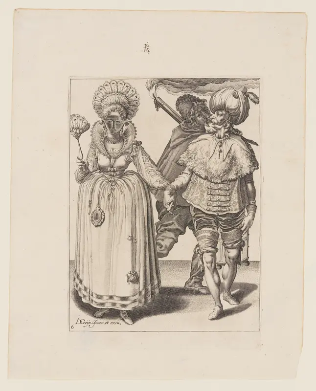 Man with a Turban Leading a Woman who is Wearing Peacock Feathers, behind them a Torchbearer, from The Masquerades Wall Art by Jacob de Gheyn, II - High-Resolution Digital Print