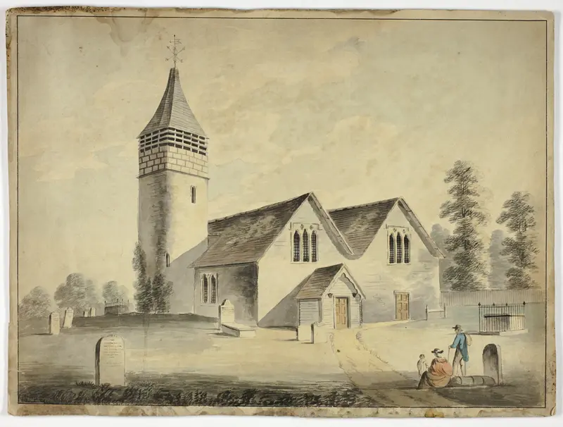 Man, Woman and Child in Churchyard Cemetary Wall Art by Unknown artist - High-Resolution Digital Print