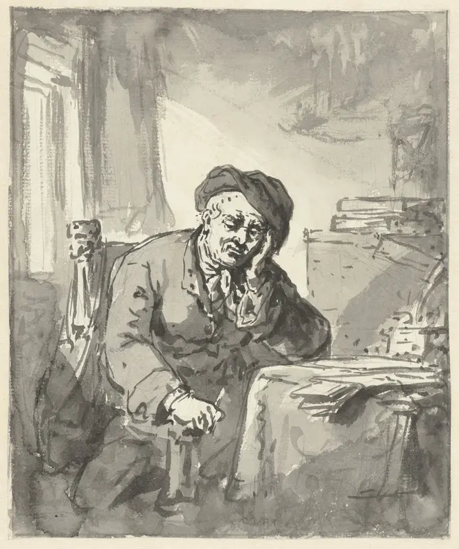 Man zittend aan tafel, het hoofd steunend op de linkerarm Wall Art by Abraham van Strij (I) - High-Resolution Digital Print