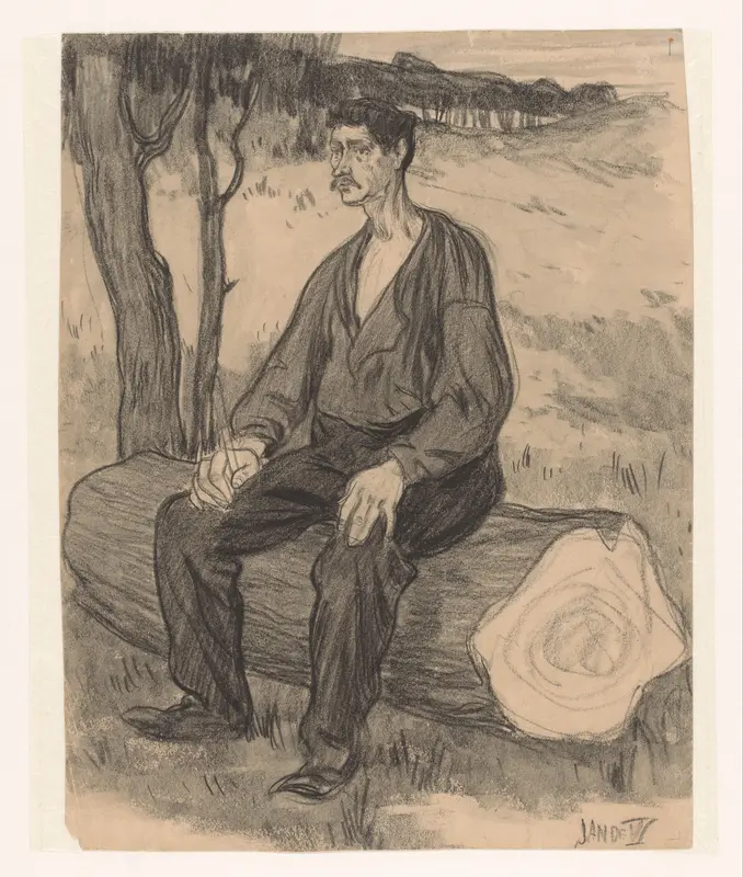 Man zittend op boomstam Wall Art by Unknown - High-Resolution Digital Print