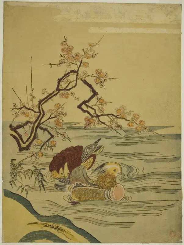 Mandarin Ducks Swimming under Plum Branch Wall Art by Isoda Koryusai - High-Resolution Digital Print