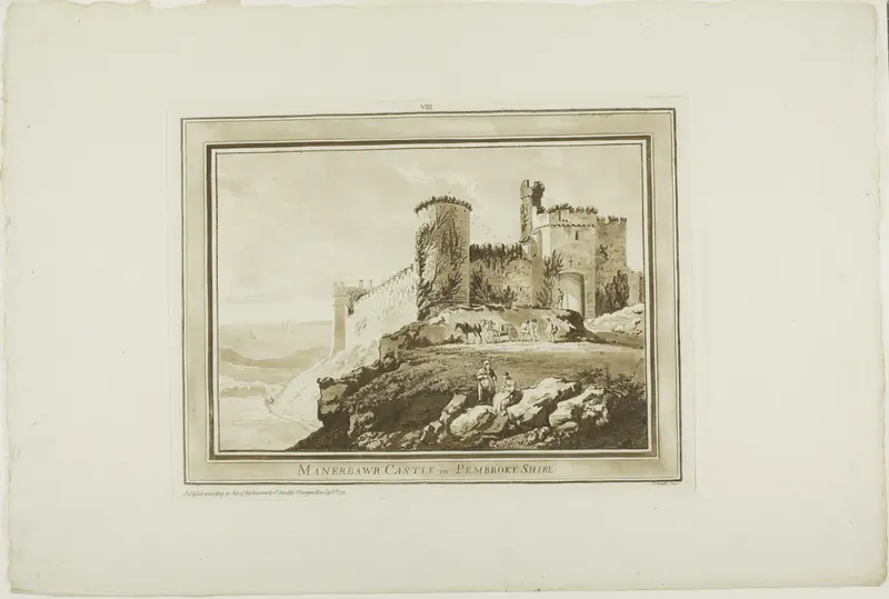 Manerbawr Castle in Pembroke Shire, plate eight from Twelve Views in South Wales Wall Art by Paul Sandby - High-Resolution Digital Print