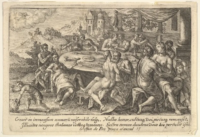 Mankind surrendering to lechery before the Flood: embracing couples on benches around a table with food and drink, from "Liber Genesis" Wall Art by Crispijn de Passe the Elder - High-Resolution Digital Print