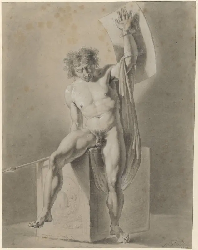Mannelijk naakt, zittend op een blok, met speer en schild Wall Art by George Nikolaus Ritter - High-Resolution Digital Print