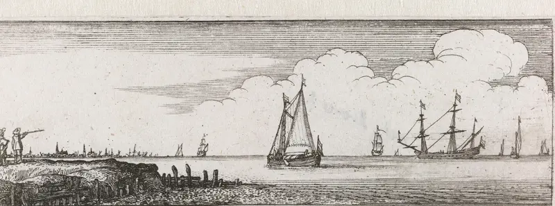 Mannen aan wal wijzend naar schepen op het water Wall Art by Unknown - High-Resolution Digital Print