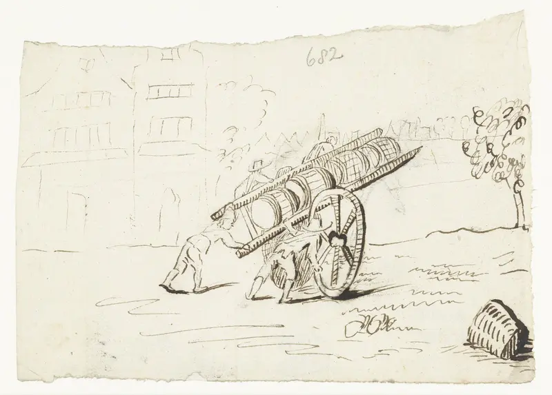 Mannen duwen en kar beladen met vaten Wall Art by Unknown - High-Resolution Digital Print