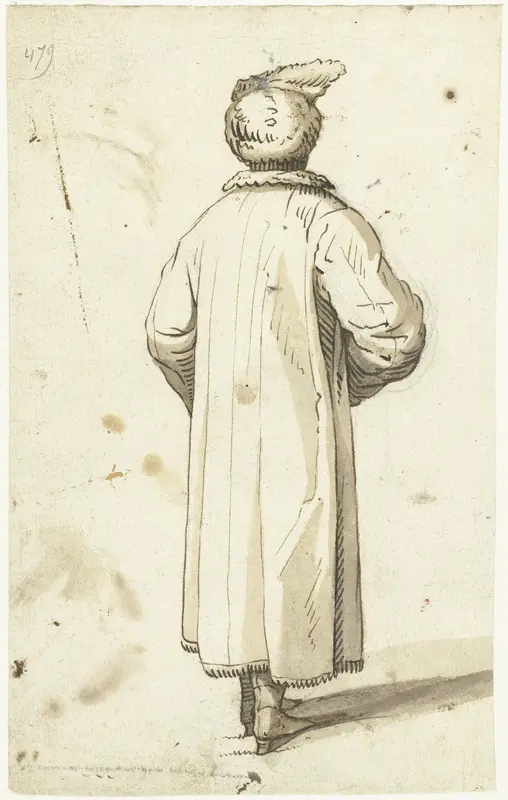 Mannenfiguur met een muts en jas, van achteren gezien Wall Art by Unknown - High-Resolution Digital Print