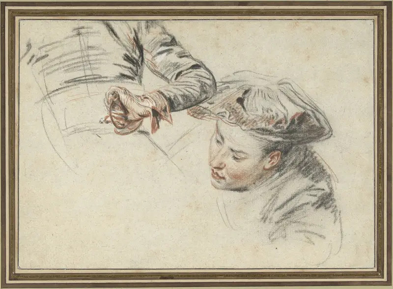 Manskop met baret en een hand aan een gevest Wall Art by Jean Antoine Watteau - High-Resolution Digital Print