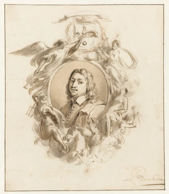 Mansportret in cartouche met allegorisch bijwerk en wapen Wall Art by Unknown - High-Resolution Digital Print