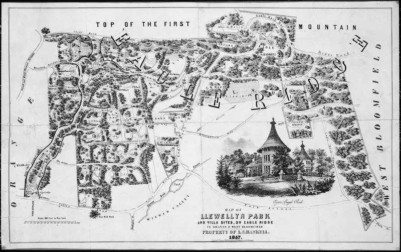 Map of Llewellyn Park and Villa Sites, on Eagle Ridge in Orange & West Bloomfield Wall Art by Alexander Jackson Davis - High-Resolution Digital Print