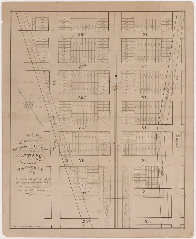 Map of part of the Murray-Hill Estate, Situated in the 12th Ward of the City of New York, to be sold by James Bleecker & Sons on Thursday 11th June 1835, at 12 o'clock, at the Merchant's Exchange Wall Art by Prosper Desobry - High-Resolution Digital Print