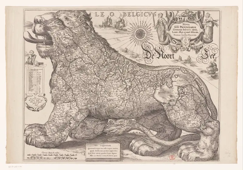 Map of the Seventeen Netherlandish Provinces in the Shape of the Belgic Lion Wall Art by Hessel Gerritsz - High-Resolution Digital Print
