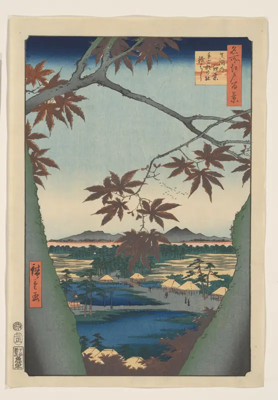 Maple trees at Mama, Tekona shrine and the Linked bridge Wall Art by Utagawa Hiroshige (I) - High-Resolution Digital Print