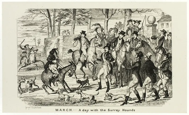 March - A Day With the Surrey Hounds from George Cruikshank's Steel Etchings to The Comic Almanacks: 1835-1853 Wall Art by George Cruikshank - High-Resolution Digital Print
