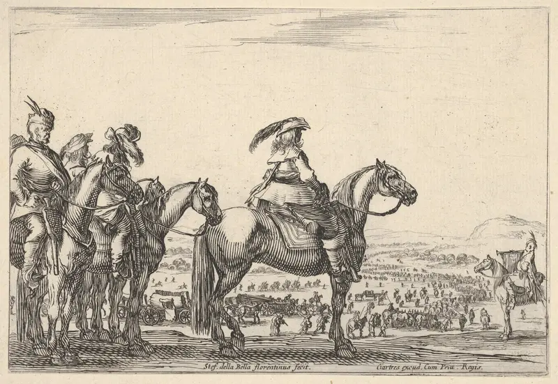 March of an army on a plain, the commander in chief in front, his aides behind him, a trumpeter on horseback at right, a plain with various figures and horses in the background, from "Varie Figure" Wall Art by Stefano della Bella - High-Resolution Digital Print