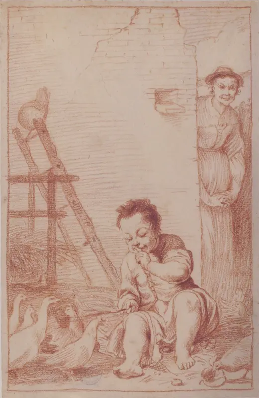 Marcolfa Discovers BertoldinoTrying to Hatch Eggs (recto); Sketch of Bertoldino (verso) Wall Art by Giuseppe Maria Crespi - High-Resolution Digital Print